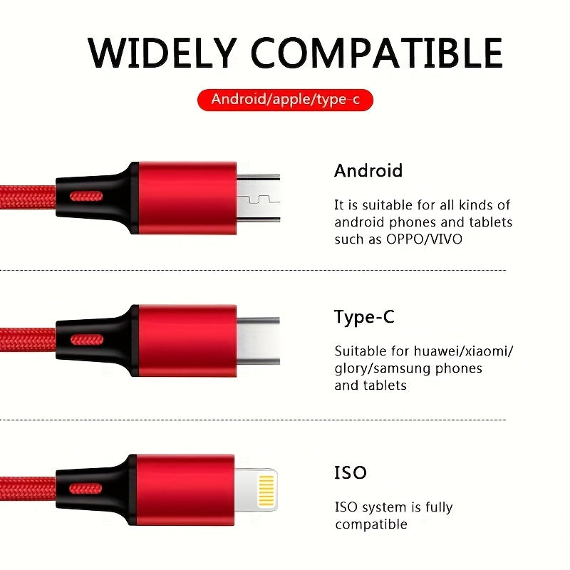 1.2M Nylon Braided Fast Charging Multi-function 3-in-1 Cable for IP/Type-C/Micro-USB, Compatible with Mobile Phones and Tablets