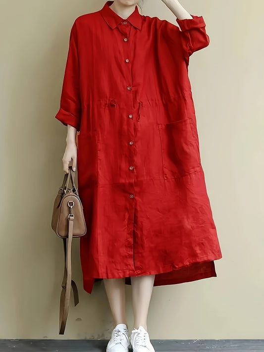 Red linen shirt dress with casual loose fit, button detail, non-stretch fabric, machine washable, part of spring collection.