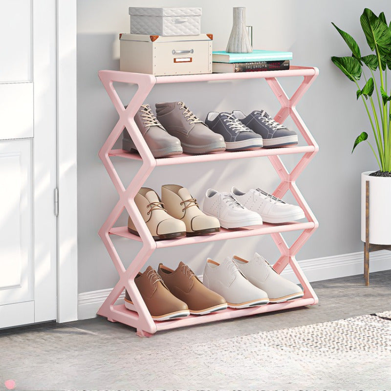 Black Plastic Freestanding Bedroom Shoe Rack with Expandable & Adjustable Fabric Shelves - Stackable X-Shape Design - 4 Tiers