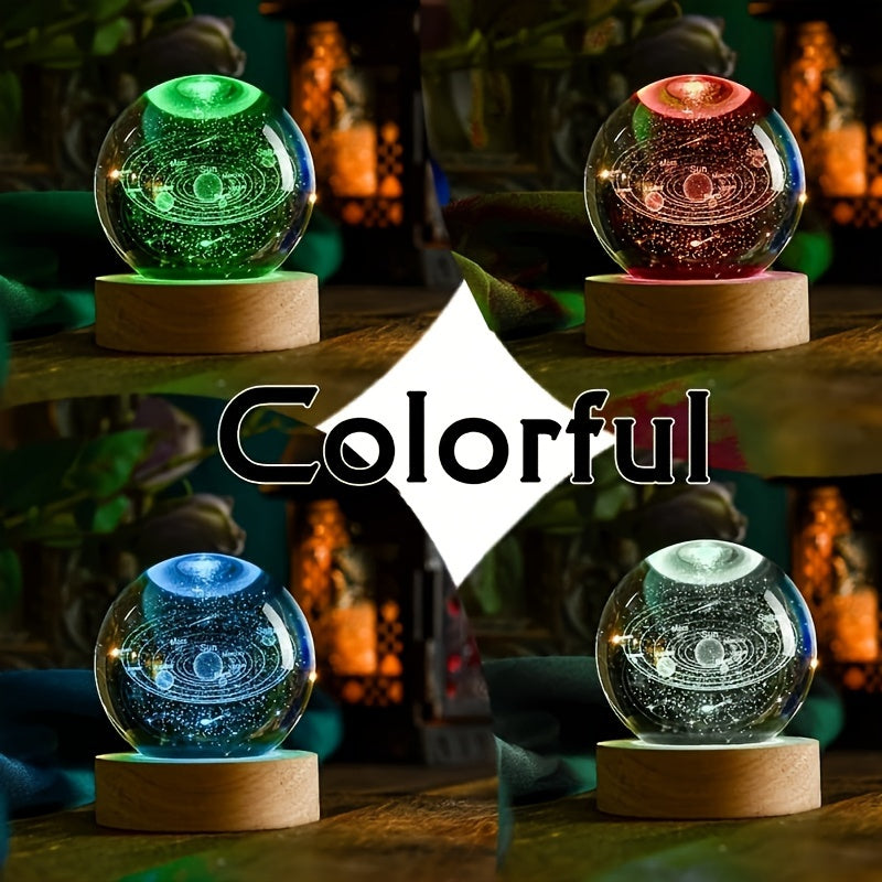 6cm USB-powered 3D Solar System Crystal Ball with Multicolor LED Base. Perfect for astronomy enthusiasts and space collectors.