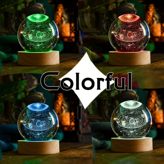 6cm USB-powered 3D Solar System Crystal Ball with Multicolor LED Base. Perfect for astronomy enthusiasts and space collectors.