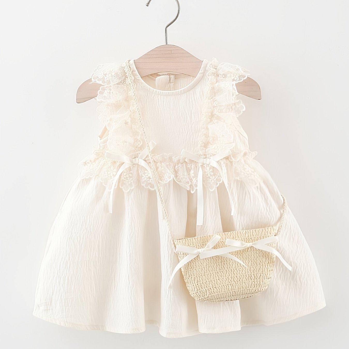 Beige Sleeveless Princess Dress for Girls with Lace Trim & Ruffled Skirt, Cotton Blend, Perfect for Summer Parties & Casual Outings, Includes Matching Straw Bag, Nonstretch Fabric, Cute