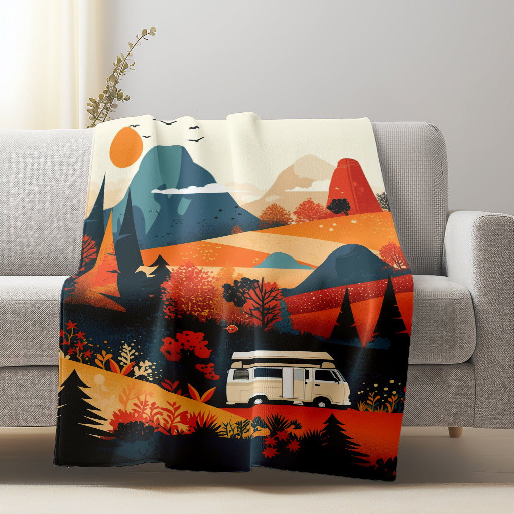 Flannel Throw Blanket - Autumn Mountain and Camper Van Design. Suitable for All Seasons, Resistant to Tears. Features Soft and Warm Knitted Polyester Material with Contemporary Style. Ideal for Home, Office, Camping, and Travel. Digital Printed Design.