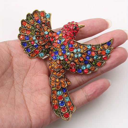 Elegant Vintage-Style Hummingbird Brooch adorned with Multicolored Rhinestones, Animal-Shaped Luxury Fashion Jewelry Brooch Accessory.