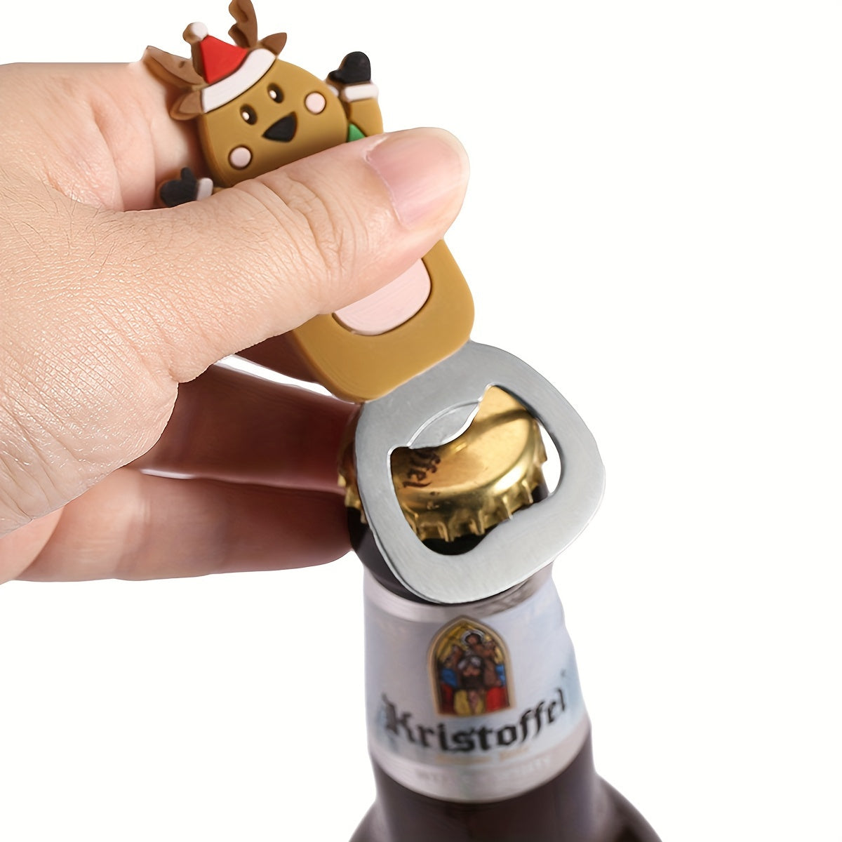 Christmas tree magnetic bottle opener with cute cartoon design, stainless steel for opening beer and soda caps, doubles as a fridge magnet for holiday kitchen decor.