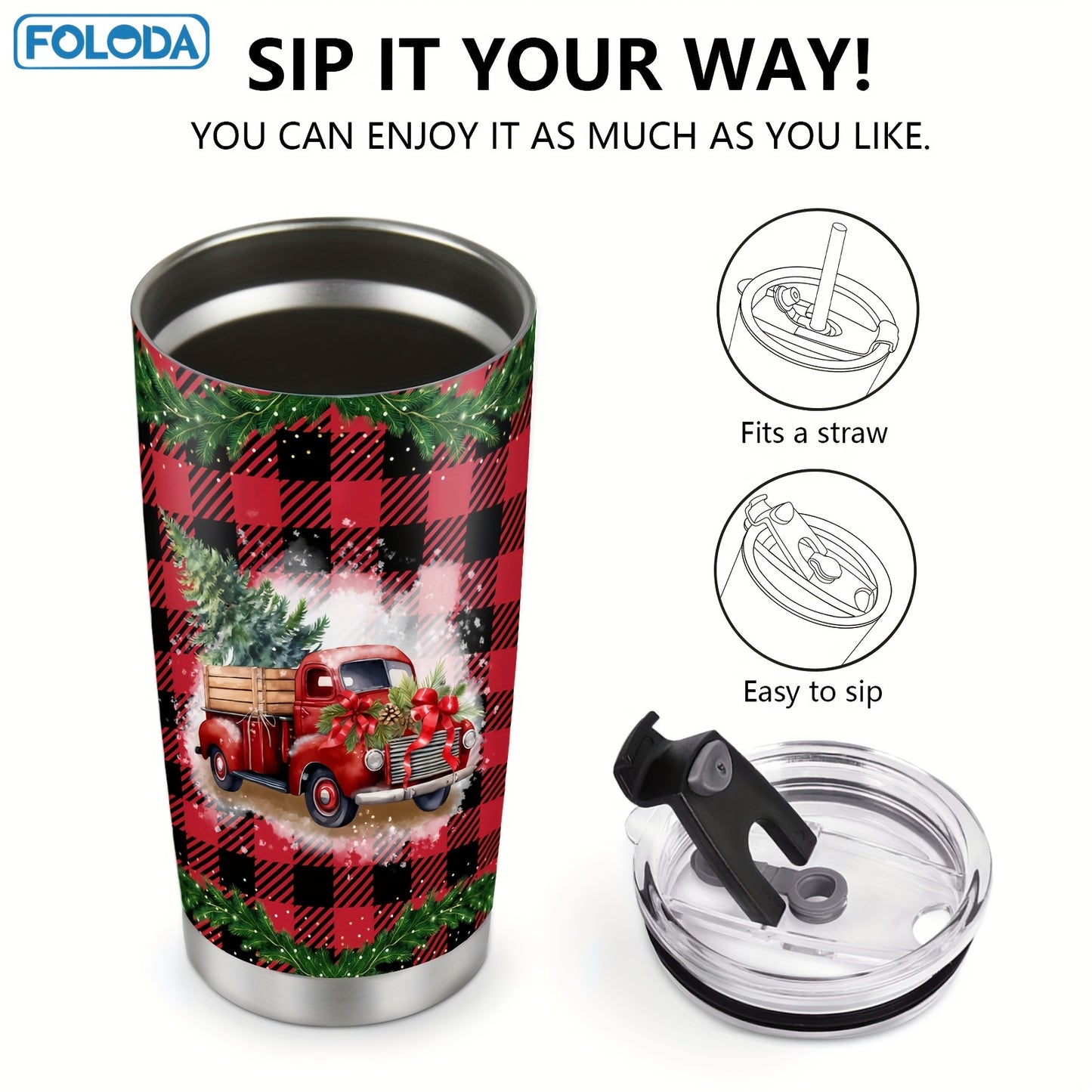 FOLODA 20oz insulated stainless steel tumbler with lid is ideal for running and sports. Features a Christmas Red Truck design, perfect for holiday gifts.