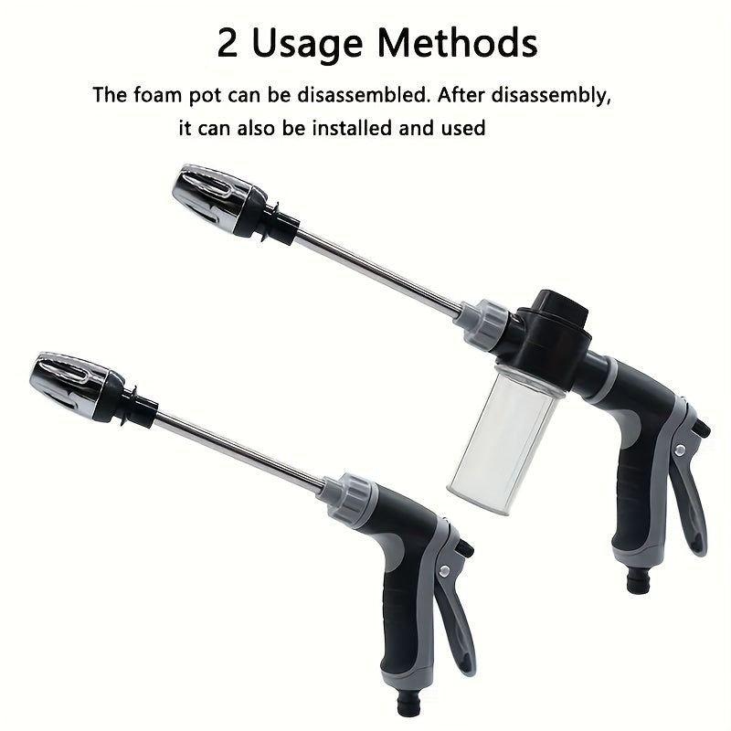 Enhanced car wash gun with versatile features for effective cleaning and watering, made of durable plastic and copper-plated materials.