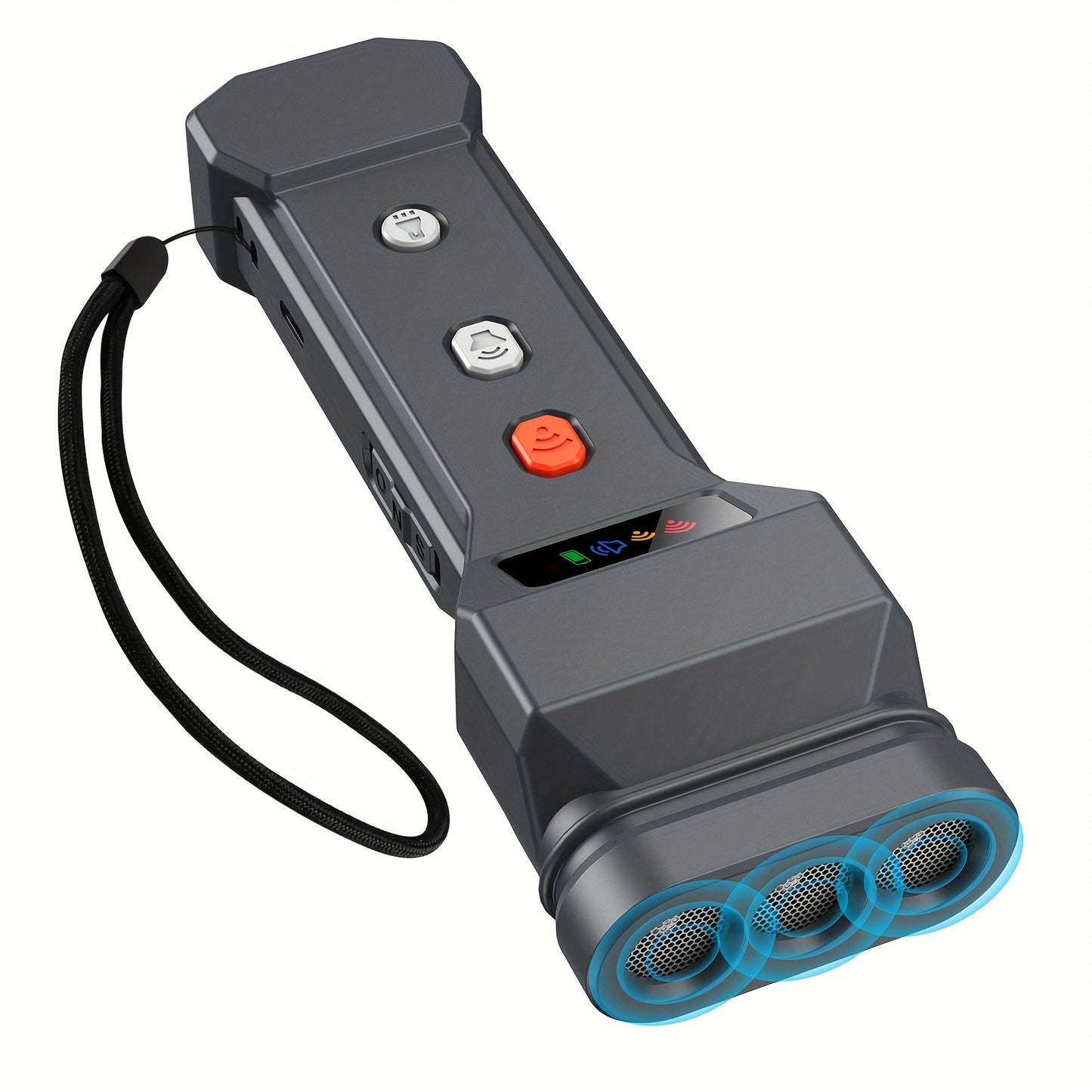 Soundwave technology Dog Repeller with 3 emitters, beep sound, and flashlight for outdoor use.