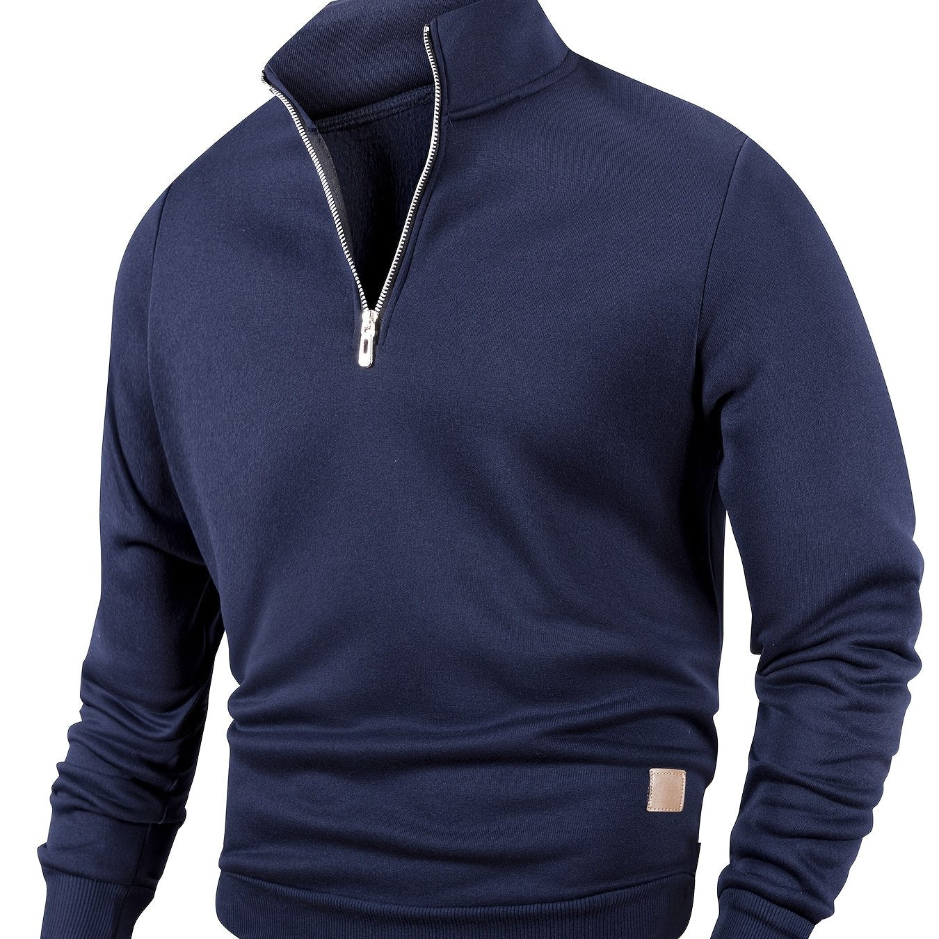 Men's casual half-zip pullover sweatshirt in solid color, made of 100% polyester knit fabric with a slight stretch. Features a stand collar, long sleeve, zipper detail, and regular fit.