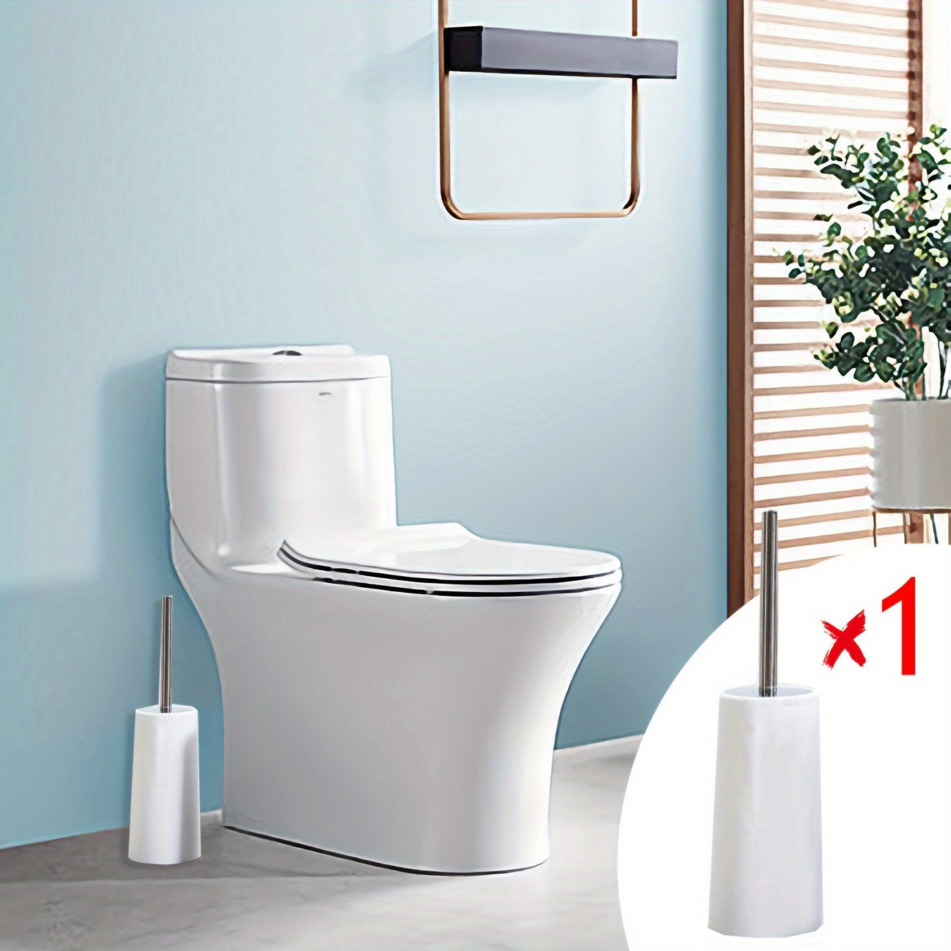 Sturdy plastic toilet brush with holder, medium firmness, portable freestanding bathroom cleaner.