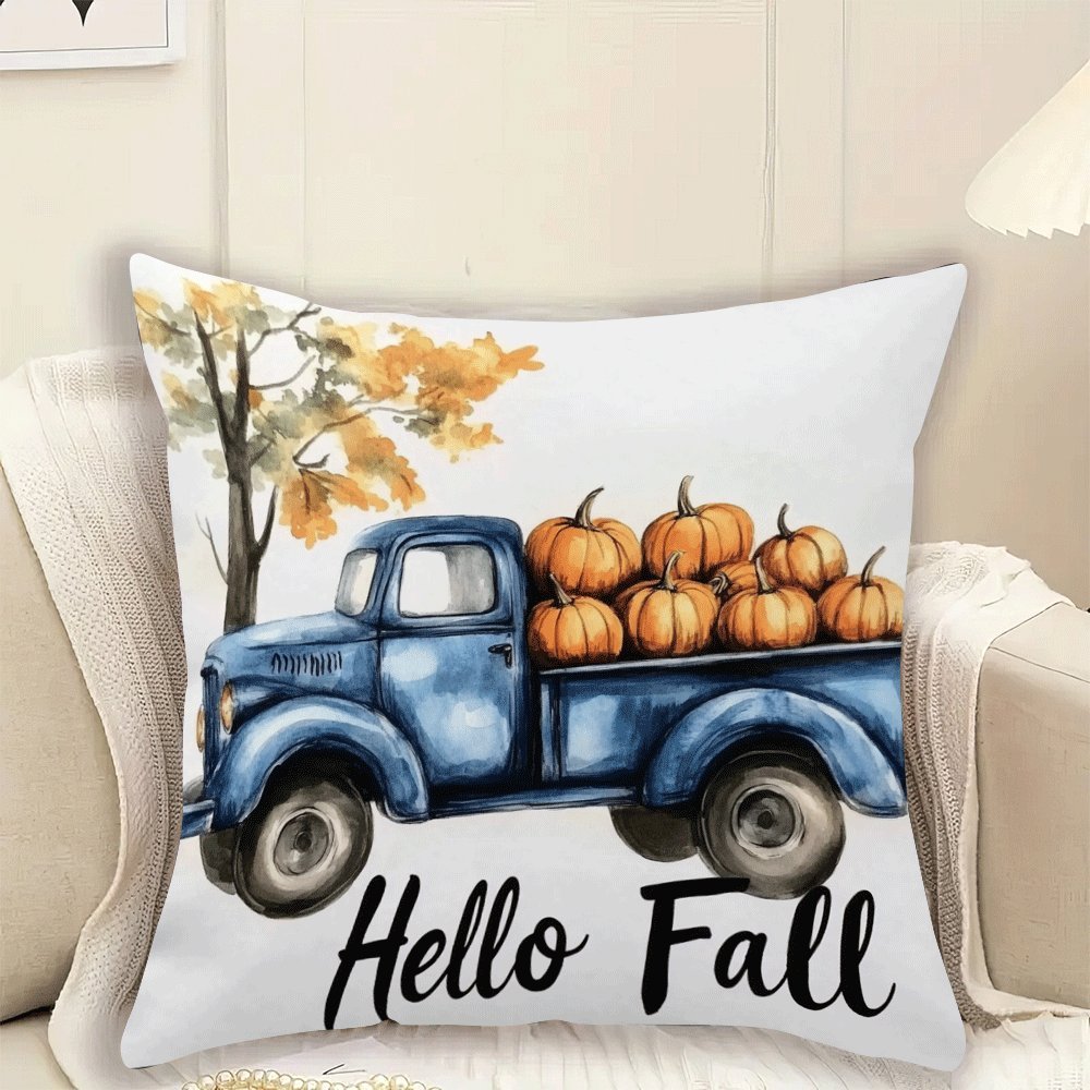 Modern Flannel Pillow Cover, 45.72X45.72 cm, Blue Truck and Pumpkin Design, Zipper Closure, Machine Washable, All-Season Comfort for Back Sleepers - Decorative Cushion Case for Home, Bedroom, Camping (1pc, Insert Not Included)