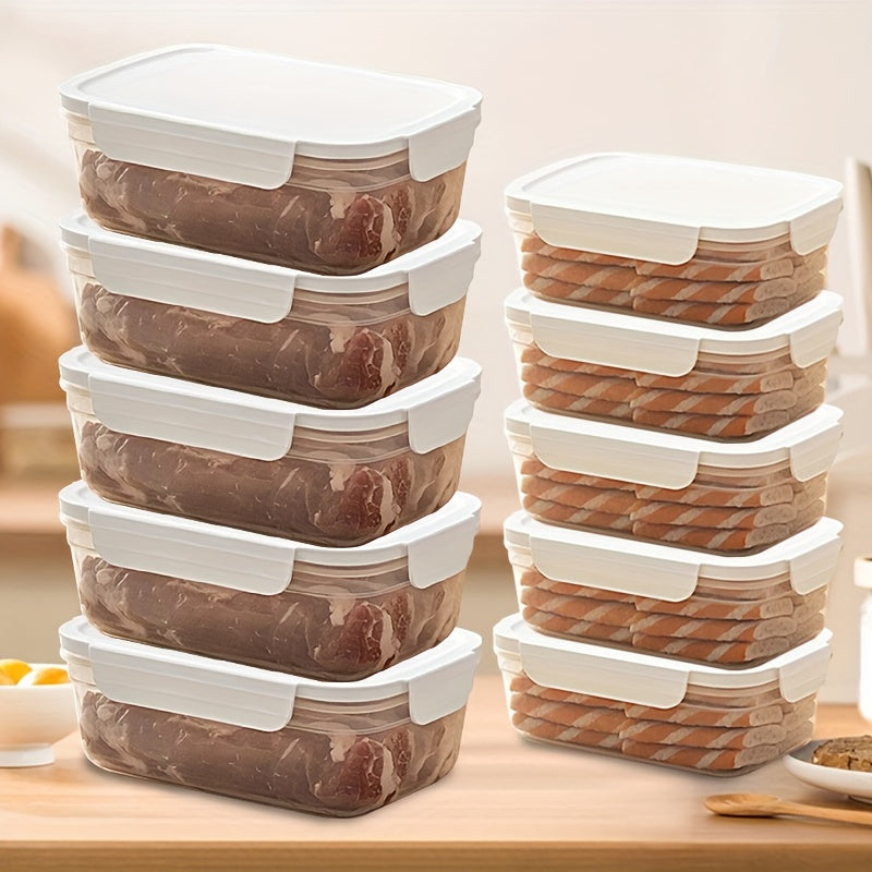 Stackable and leak-proof food storage containers — 10 pieces of 850mL/1400mL refrigerator fresh-keeping boxes. Ideal for kitchen, refrigerator, and outdoor food storage. These sealed, microwaveable fresh-keeping boxes are a convenient solution for