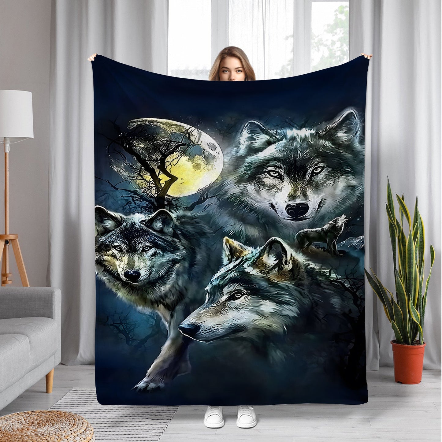 Soft and cozy Contemporary Wolves in Moonlight Design Flannel Fleece Throw Blanket, perfect for use on sofa, in the office, bed, camping, or while traveling. This multipurpose holiday gift nap blanket is made of knitted polyester, machine washable, and