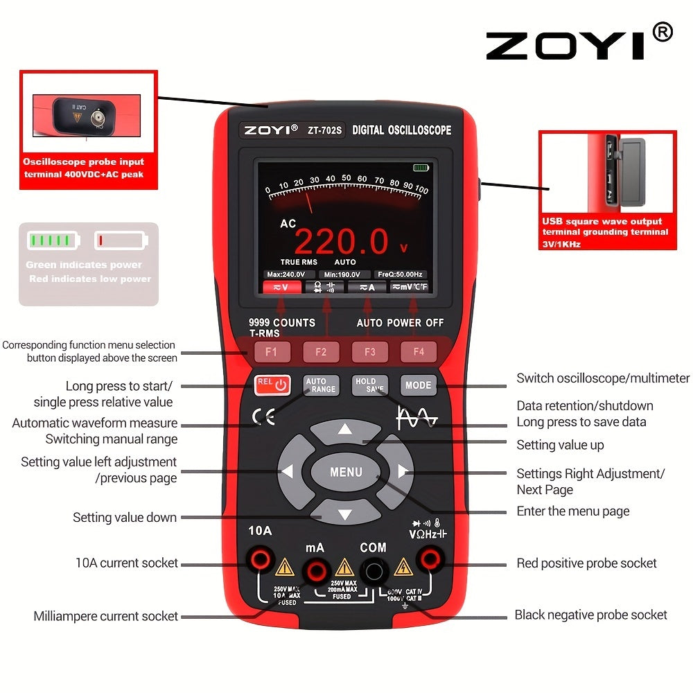 ZOYI ZT-702S is a combo device that integrates a 10MHz digital oscilloscope and multimeter with features such as True RMS, high-speed 48m/S, transistor probe, PC waveform display, and