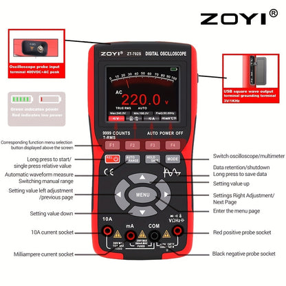 ZOYI ZT-702S is a combo device that integrates a 10MHz digital oscilloscope and multimeter with features such as True RMS, high-speed 48m/S, transistor probe, PC waveform display, and