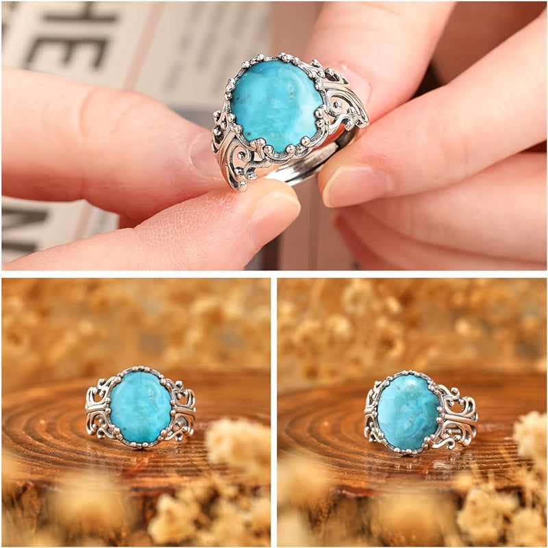 Stunning 925 Sterling Silver Cuff Ring with Turquoise, Intricate Floral Filigree Pattern, Adjustable Fit, Allergy-Free, Lightweight at 3.8g, Perfect for Everyday or Special Occasions, Great Gift for Mother's Day.