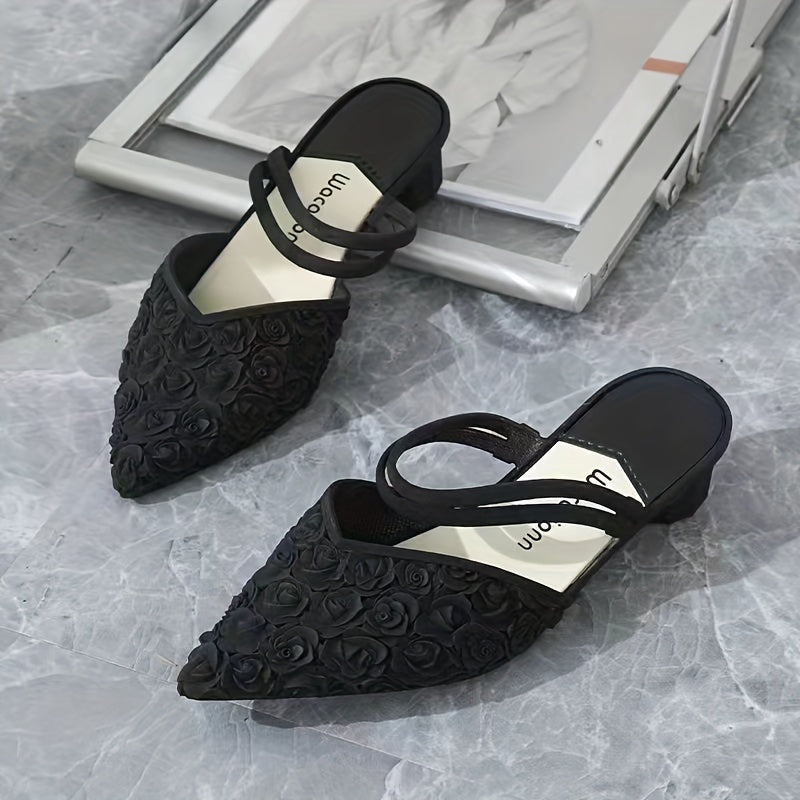 PVC slide sandals with floral print, pointed toe, and mid-heel for outdoor fashion.