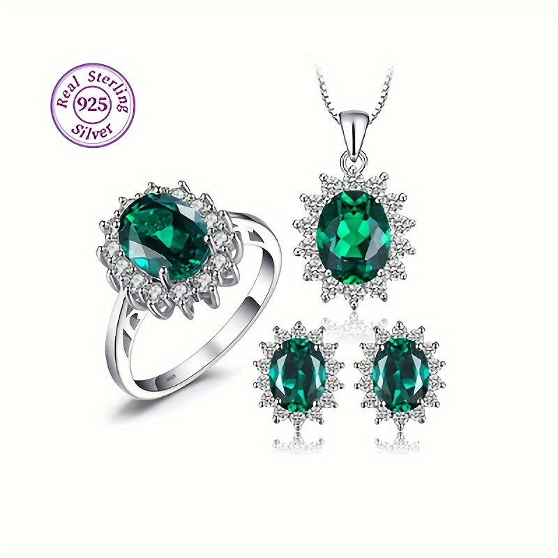 Complete your daily outfits with this high quality jewelry set, featuring a stunning 925 sterling silver necklace, ring, and pair of earrings. Each piece is inlaid with shining zirconia in multiple colors for you to choose from. Upgrade your look with