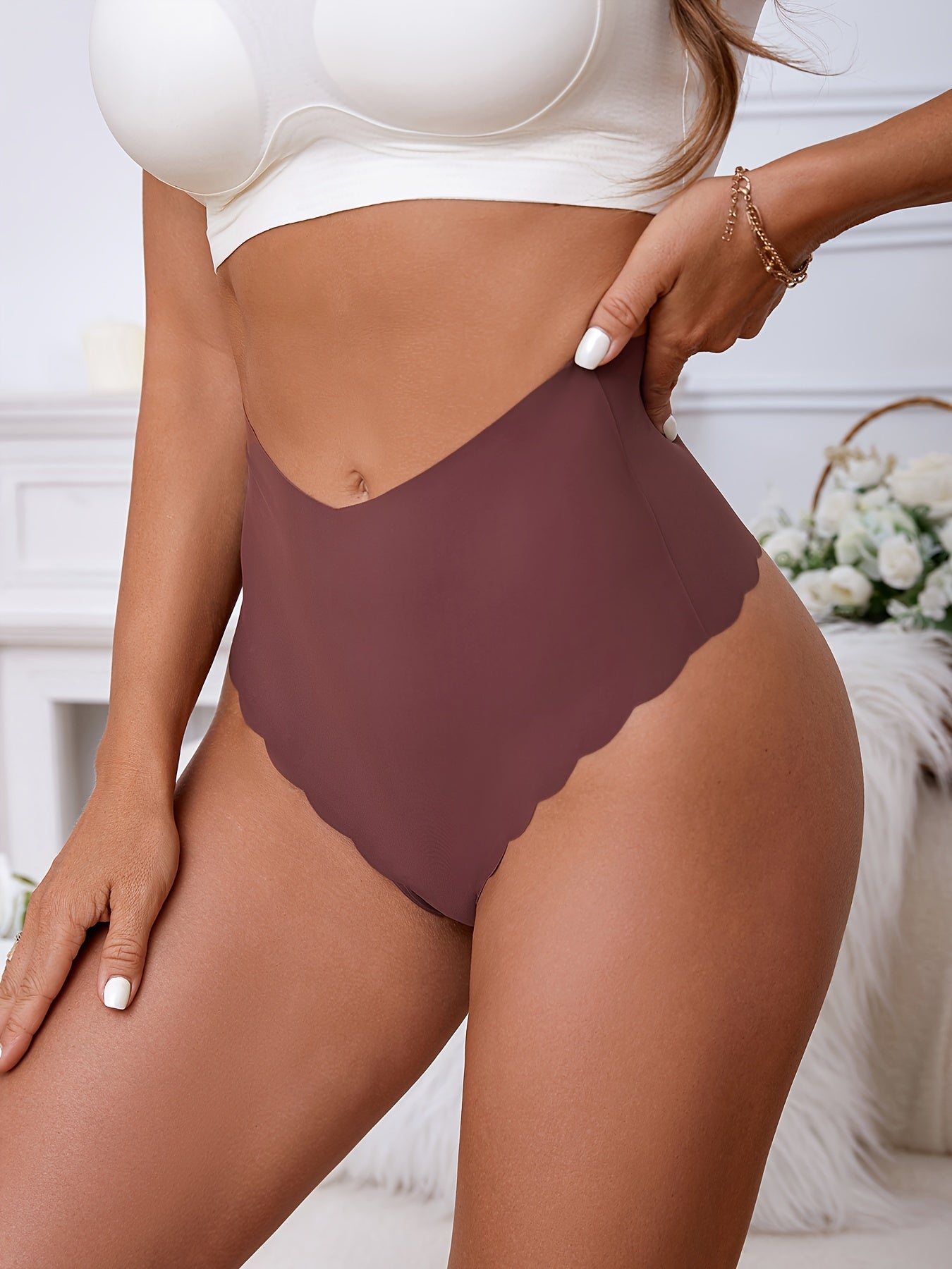 5 Simple High Waist Seamless Scallop Thongs, Soft & Stretchy Women's Underwear