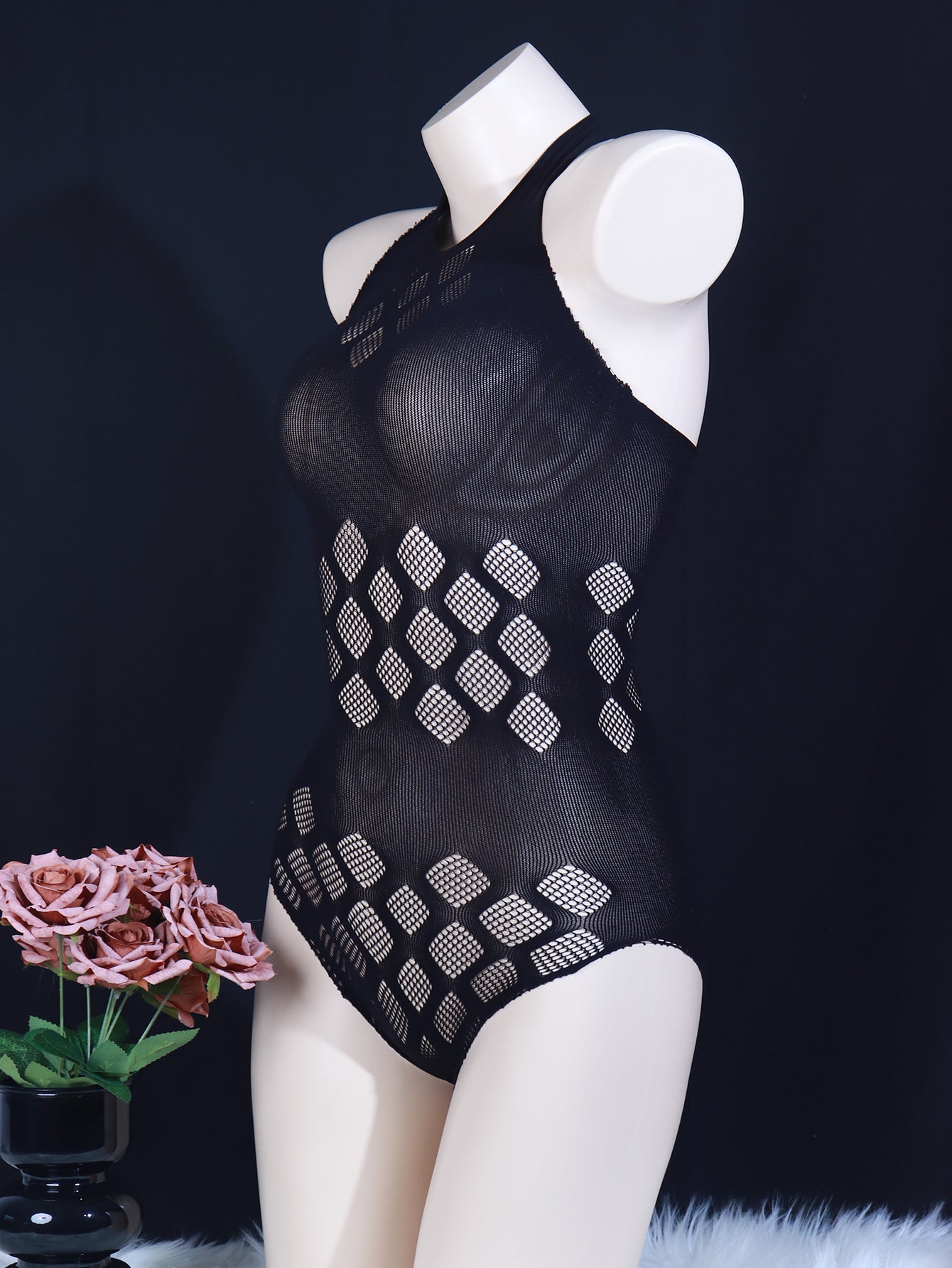 Sexy geometric-pattern knit bodysuit for women, high support, hollow detail, sleeveless diamond halter, adult size, no padding, polyamide fabric, intimate apparel.