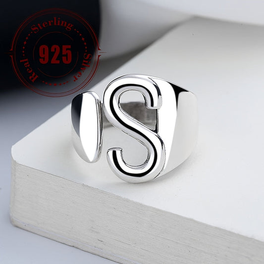 Hip Hop Style Sterling Silver 925 Wide Band Ring with Letter S, Influenced by Japanese & Korean Fashion, Suitable for Everyday Wear and Gift Giving, Weighs Approximately 3.5g