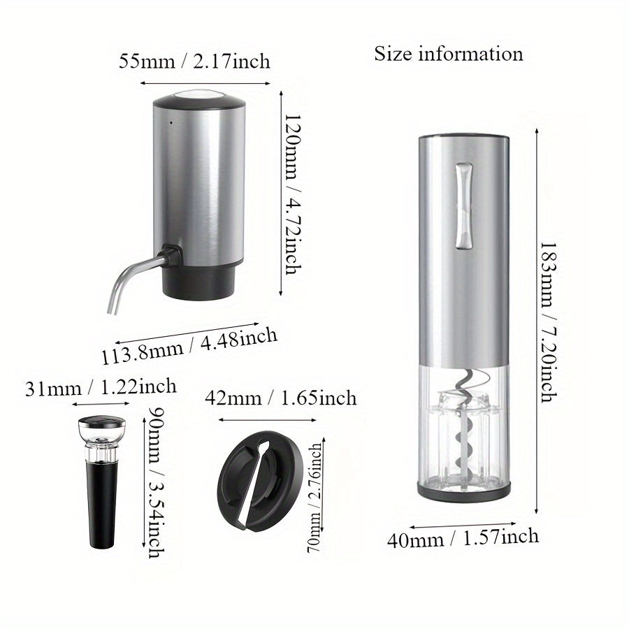 Electric wine opener set includes foil slicer and dispenser, USB rechargeable for kitchen and restaurant use.