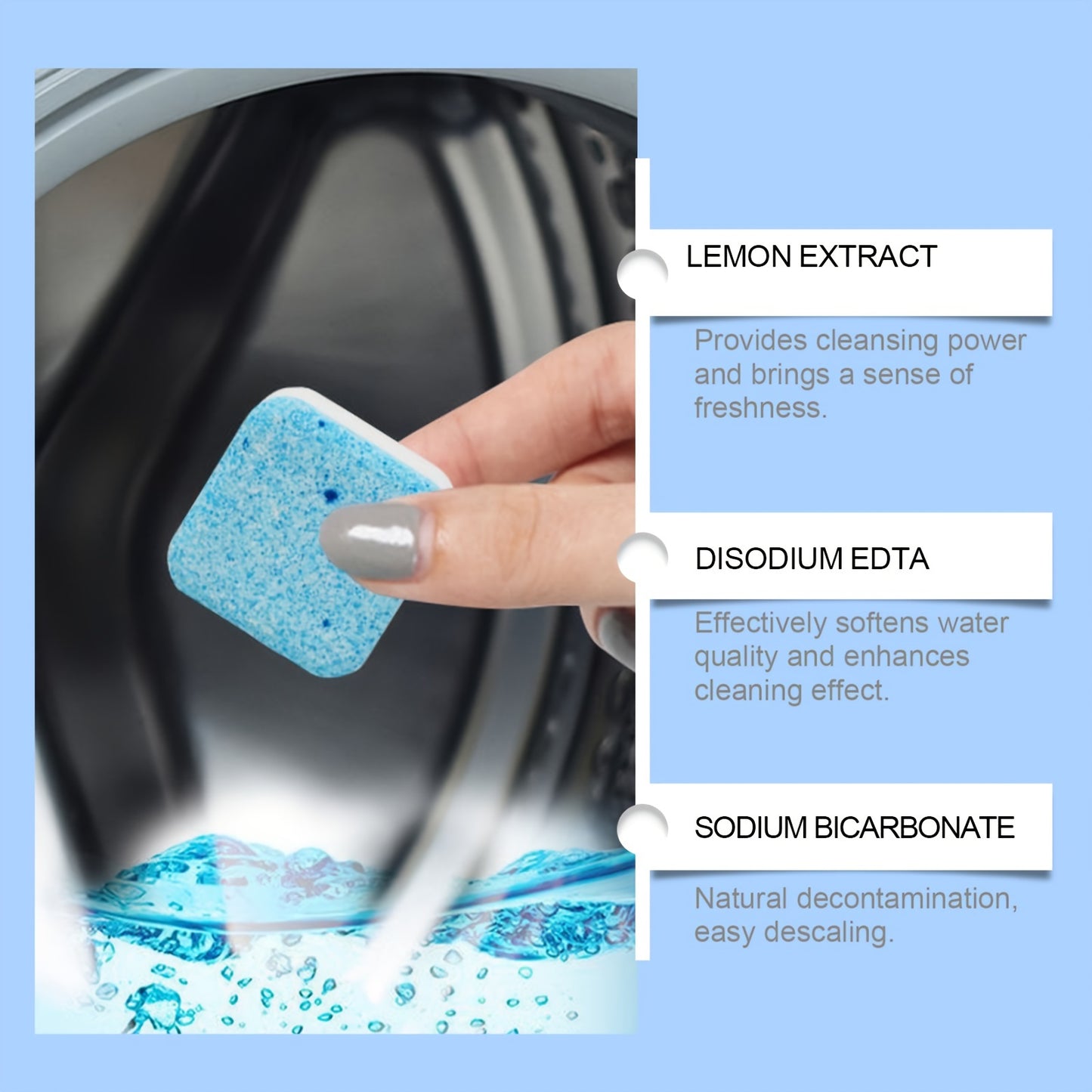 4 tablets for washing machine maintenance: removes dirt, freshens, and deodorizes for clean laundry.