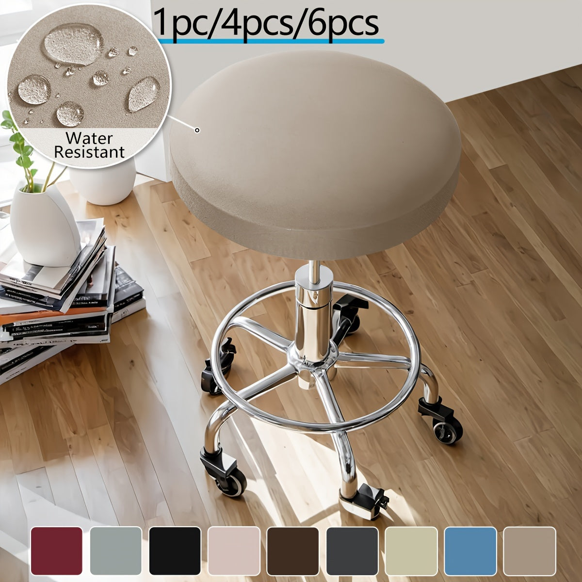 Classic solid color round stool cover in 1pc, 4pcs, or 6pcs options. Made of high elastic material that is clear and natural, dustproof, soft, and adhesive. Suitable for various round chairs. Weighs 120gsm.