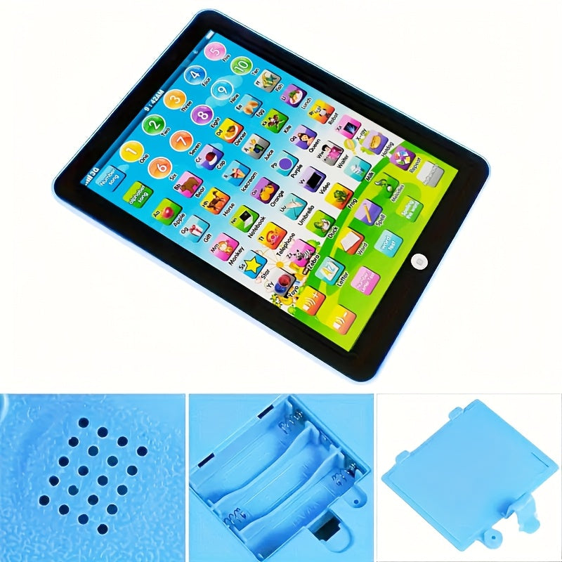 Educational tablet toy for children with interactive learning games in music, numbers, spelling, words, and alphabets. Battery-powered.