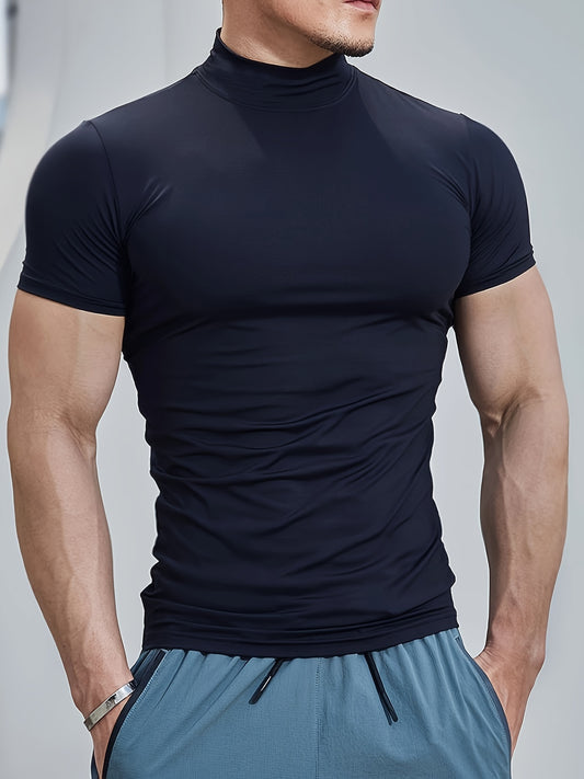 Men's athletic high neck t-shirt with quick dry, compression, and stretch fabric, ideal for training and running.