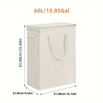 The ultra-slim 60L laundry hamper with a lid is conveniently foldable and portable, making it an ideal storage solution for dirty clothes. This basket includes handles for easy transportation and is perfect for use in the bedroom, bathroom, dorm, or