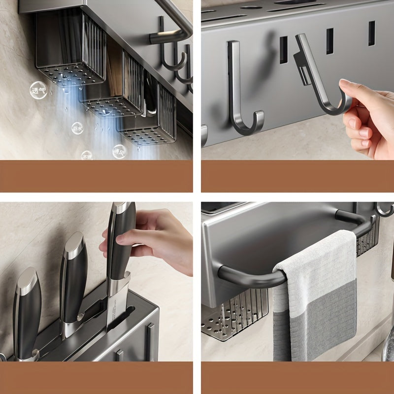 Easy to install kitchen organizer - No drilling required! This wall-mounted holder is perfect for knives and utensils, offering multi-functional storage for all your cutlery and accessories.