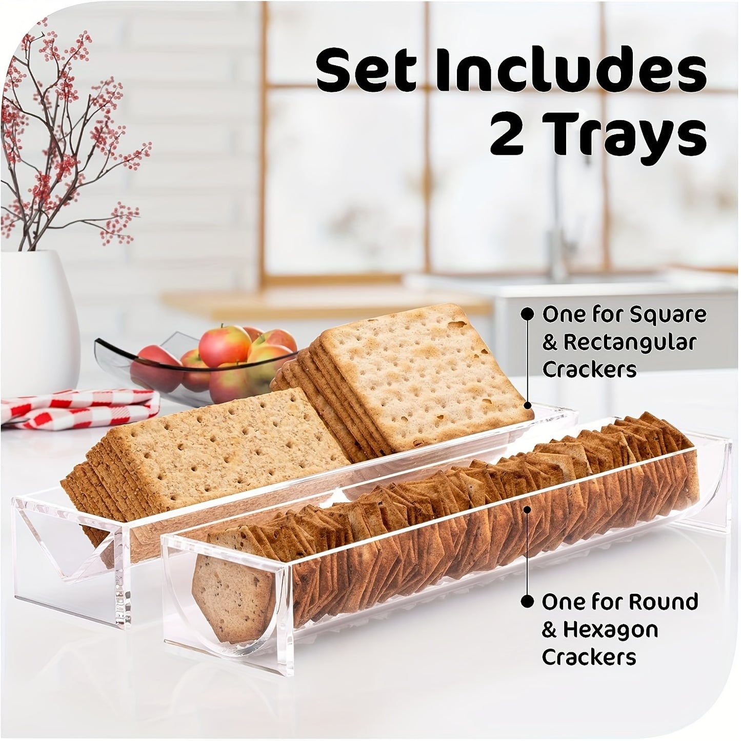 Rectangular clear acrylic cracker trays, set of 2, food contact safe, perfect for home, parties, and charcuterie boards.