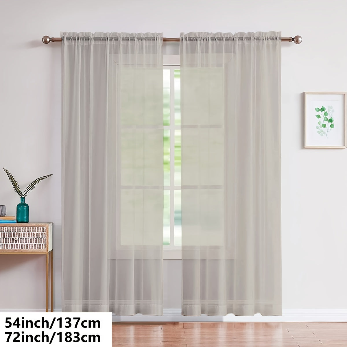 Two pieces of lightweight transparent white gauze curtains, designed for living room and bedroom decoration, with pole-wearing feature.