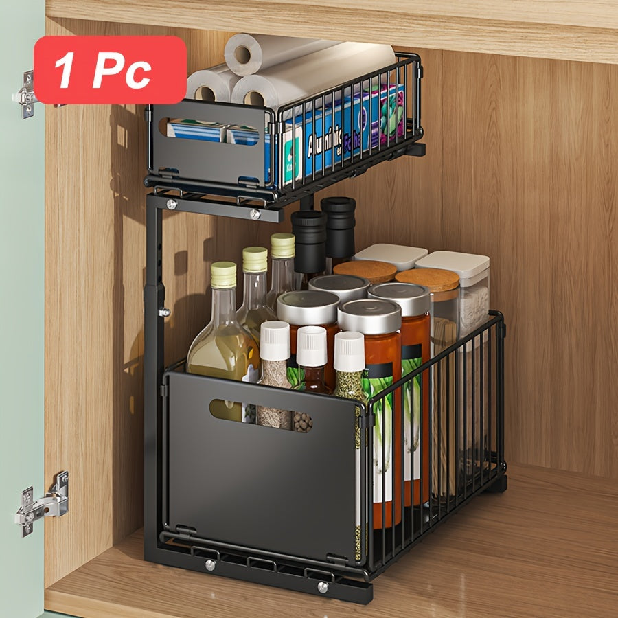 Black 2-tier metal under sink organizer for kitchen/bathroom, pull-out cabinet storage, slide out shelf - 1 piece.