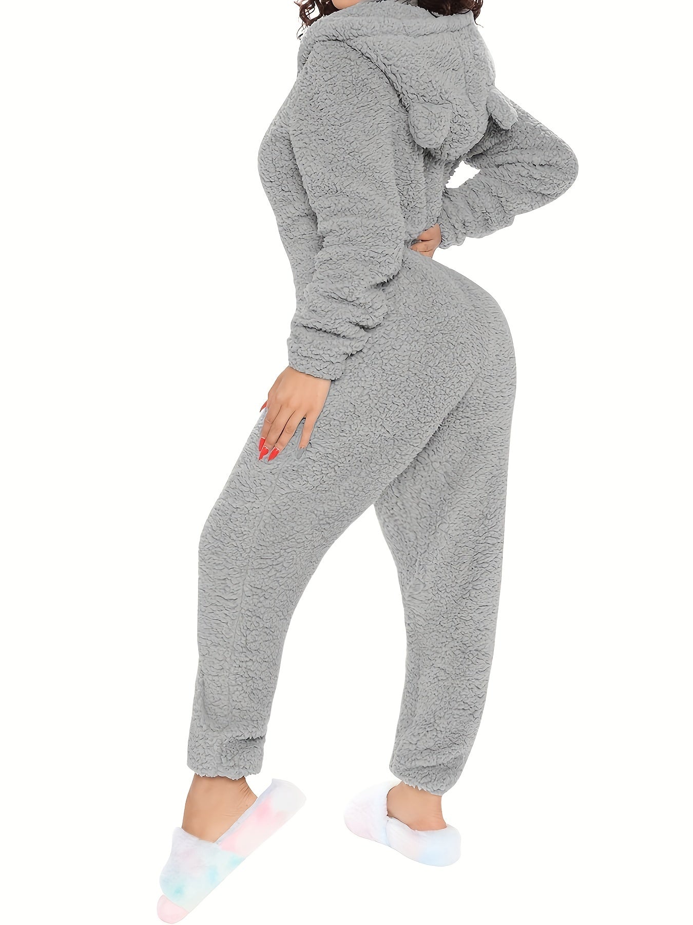 Fuzzy hooded pajama jumpsuit for music festival, comfy and cute lingerie and sleepwear.