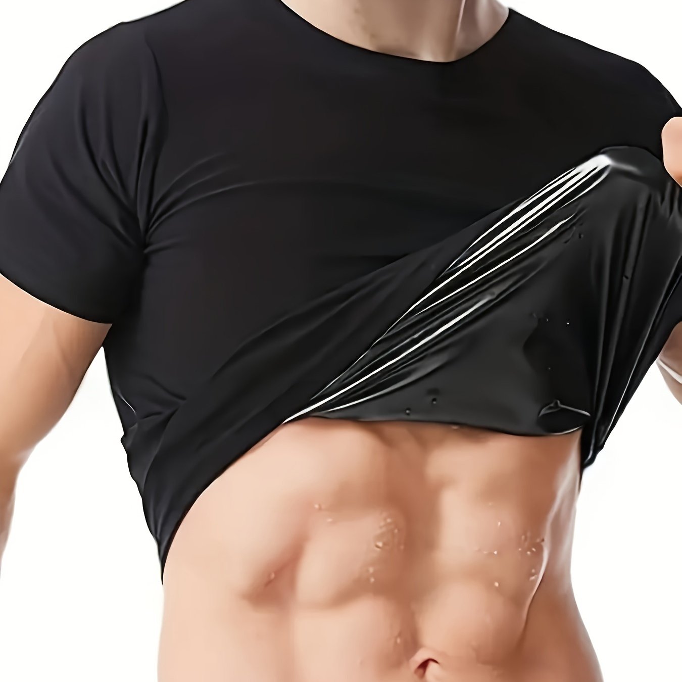 Men's short-sleeve sweat-wicking sports shirt and sauna suit for fitness training.