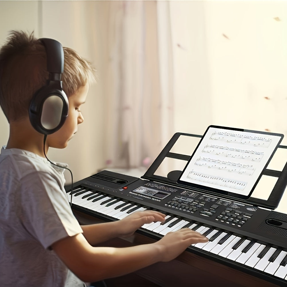 61-key kids electronic keyboard with interactive learning, microphone, ideal for children ages 3-12. Black, batteries not included.