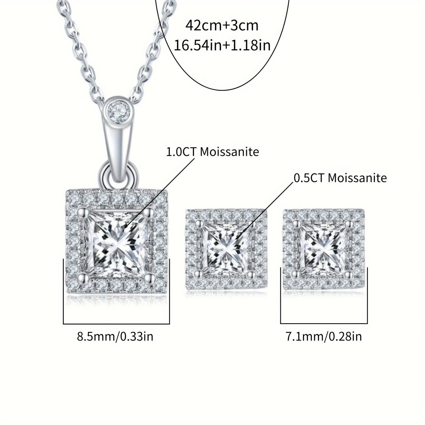 Stunning Square Moissanite Jewelry Set for Women - Crafted with 925 Sterling Silver, includes Necklace & Earrings, Ideal for Special Occasions such as Engagement, Wedding, Anniversary, Birthday, Christmas, or Valentine's Day, Lightweight and Beautiful