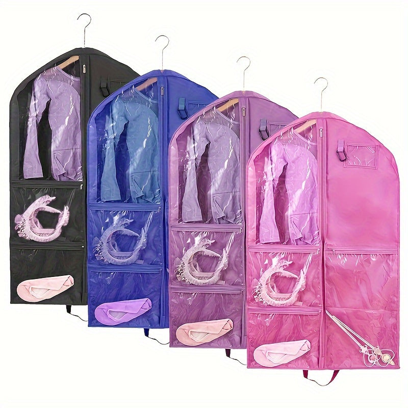 Durable costume dust cover bag with storage pouches, featuring a hanging design for suits and coats. Designed with a window and zipper for easy access, this household organization tool helps save space in the bedroom, bathroom, office, closet, wardrobe