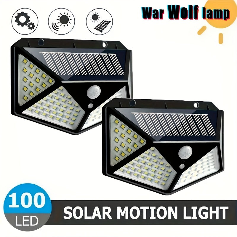 Outdoor security light with 100 LED beads, powered by solar energy and equipped with motion sensor, suitable for garden decoration, garage, and street lighting.