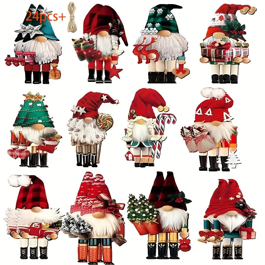 24 Festive Christmas Gnome Nutcracker Ornaments - Wood hanging decorations for Christmas tree