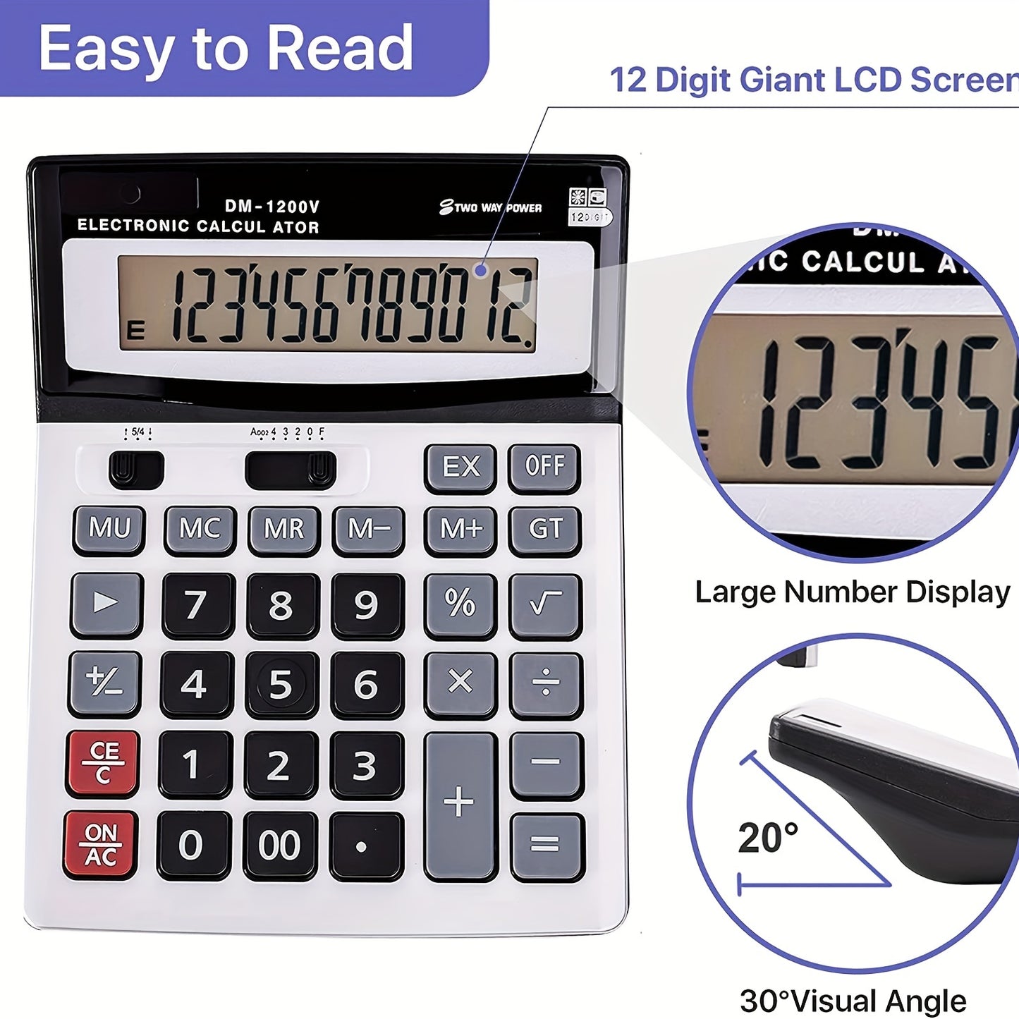 Desktop calculator with large display, big buttons, dual power, and 12-digit capacity.