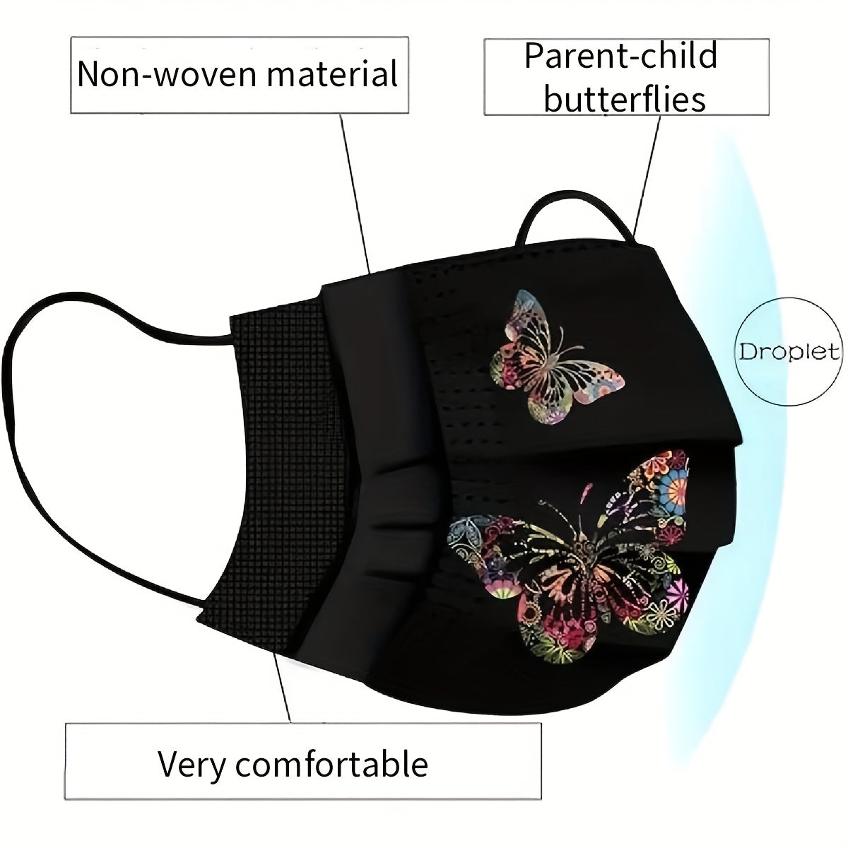 Set of 10 Black Butterfly Print Face Masks made with Woven Material and Elastic, featuring a Stylish and Mature Design. Can be worn as a Decorative Scarf for Women, Men, and Teens during Outdoor activities such as Driving and Casual Wear. Masks are Hand