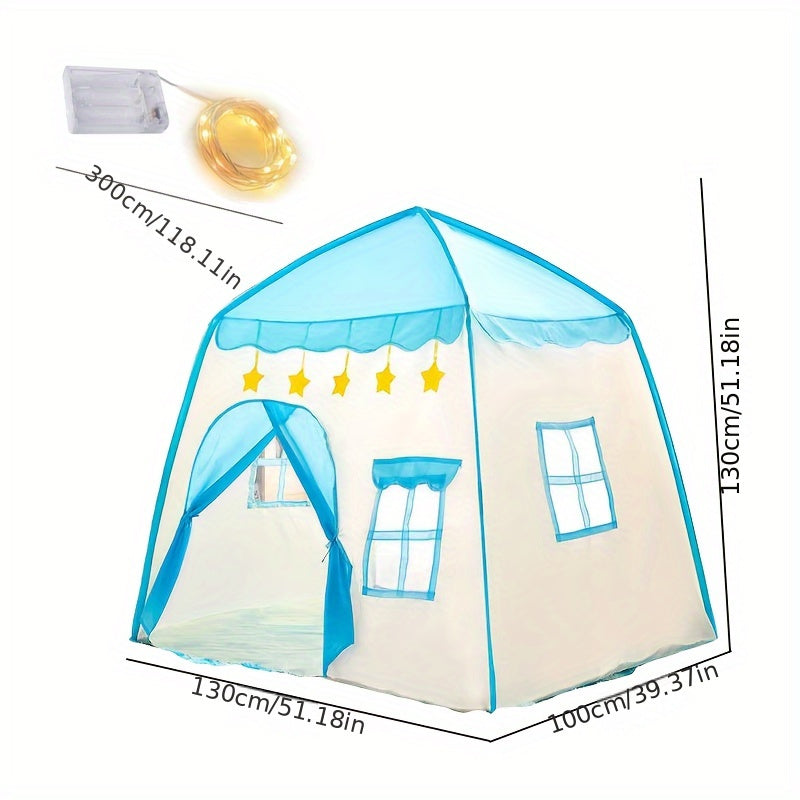 Blue floral play tent with starry lights for kids - perfect for indoor/outdoor play, made of sturdy polyester and PVC.