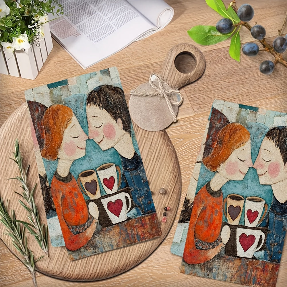 Enjoy the cozy charm of these two ultra-soft kitchen towels, adorned with a delightful design of two people sharing a coffee shop moment. With heart-printed mugs in hand, they smile warmly at each other, creating a festive and inviting atmosphere. These