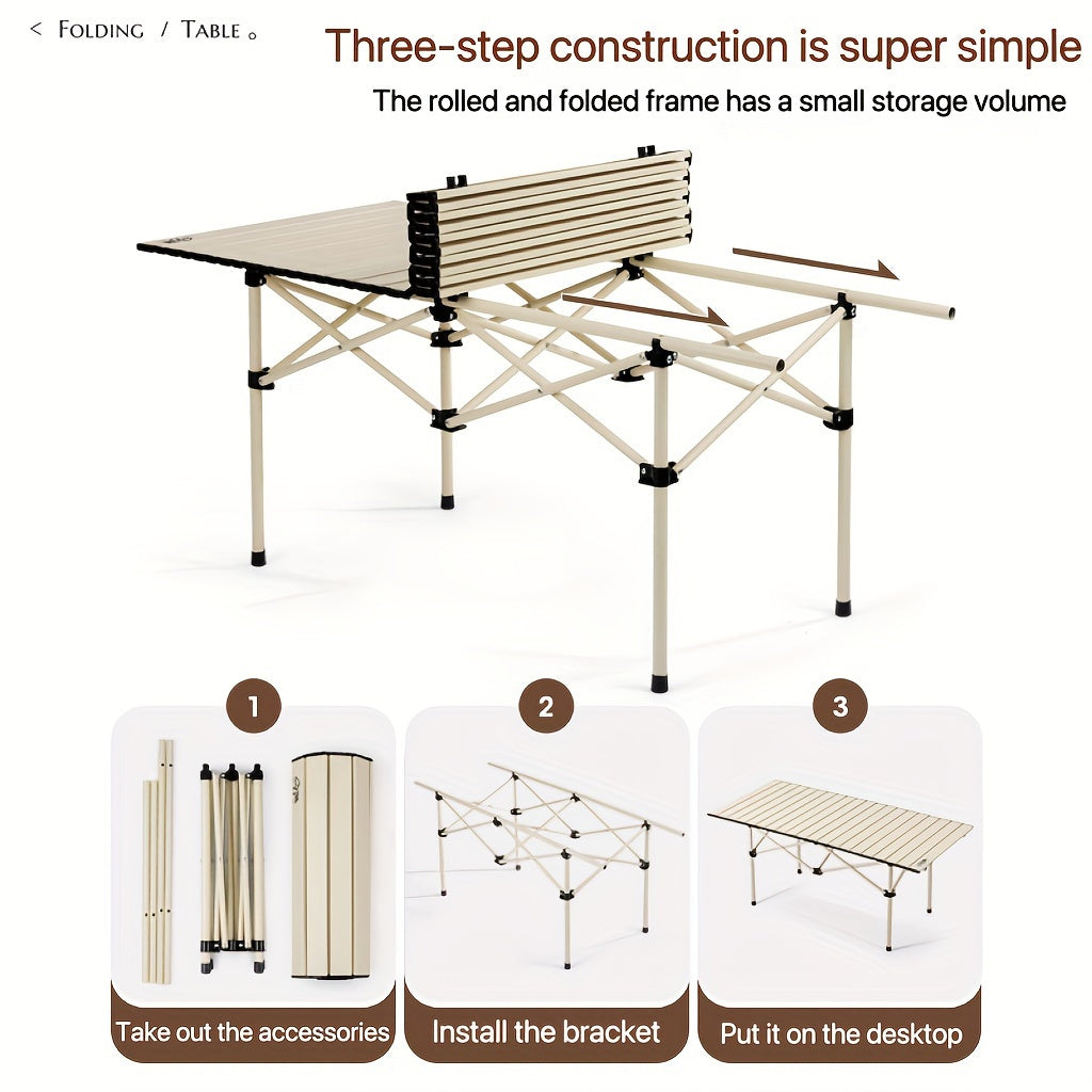 Compact and easy-to-carry portable stainless steel folding table for camping, barbecuing, and outdoor picnics.