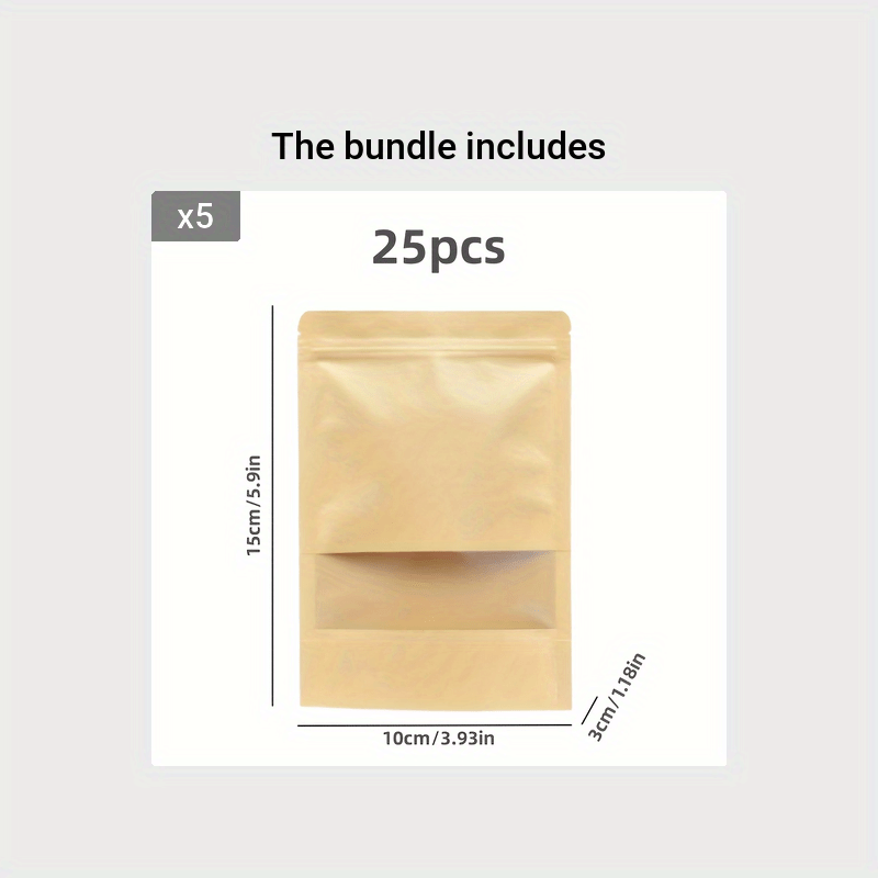 50/25 Waterproof Kraft Paper Stand Up Pouches with Window for Coffee, Resealable and Sealable for Home or Business Packaging.