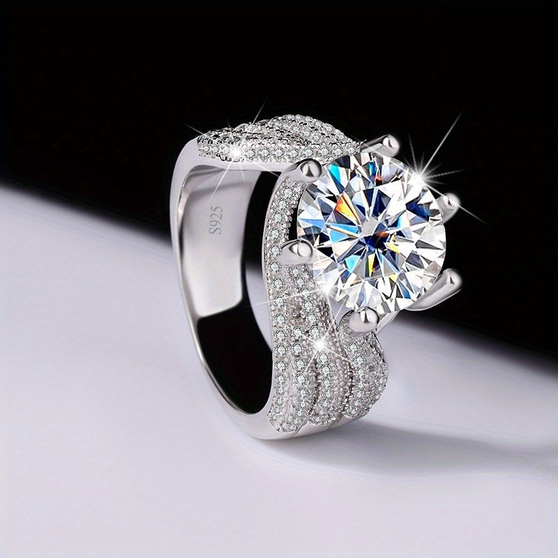 Elegant and Timeless: Sterling Silver Wide Ring Embellished with Shiny 5ct Moissanite, a Beautiful Addition for Formal Events and Special Occasions, Ideal Gift for Women.