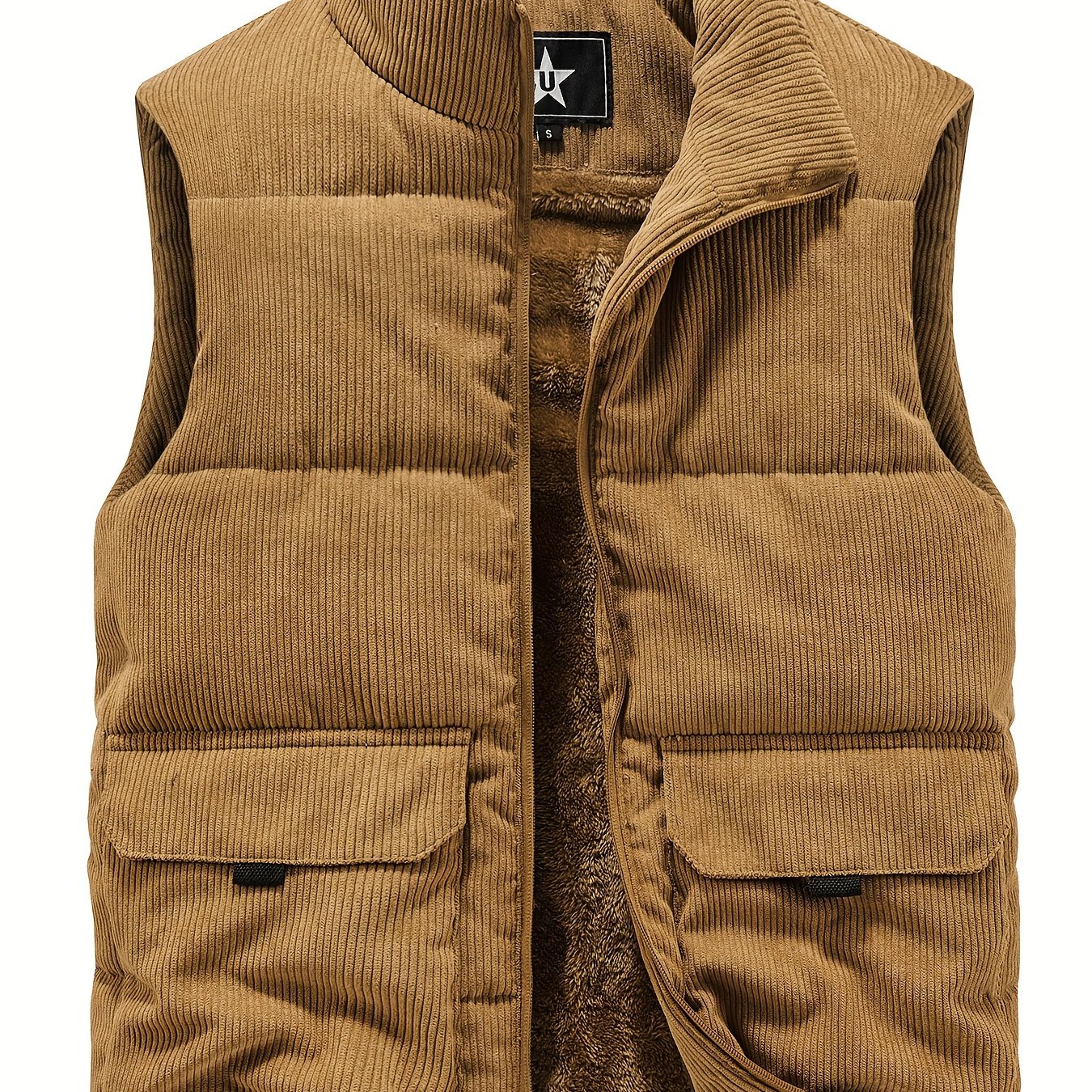 JPDUN Men's Winter Vest, Casual Stand Collar, Thick Plush Polyester, Solid Color, Multi-Pocket Outdoor Workwear, Warm Camisole Jacket, Loose Fit, Woven, Non-Stretch.